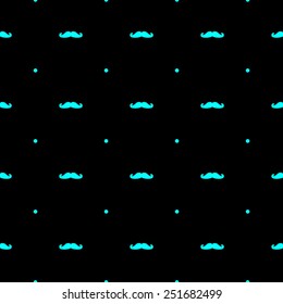 vector seamless  hipster black background with dark neon blue mustache and polka dot pattern