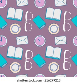 Vector seamless hipster pattern with books, clock, glasses and cup of hot drink