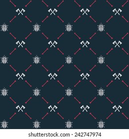 Vector seamless hipster retro pattern,  with scarab beetle, crosses axes, arrows. For wallpaper, pattern fills, web page background, blog. Stylish texture.Vintage colors.