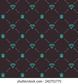 Vector seamless hipster retro pattern, with scarab beetle, diamond, arrows. For wallpaper, pattern fills, web page background, blog. Stylish texture.Vintage colors.