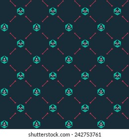Vector seamless hipster retro pattern, with hipster triangle, crossed axes, arrows. For wallpaper, pattern fills, web page background, blog. Stylish texture.Vintage colors.