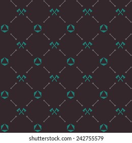 Vector seamless hipster retro pattern, with scarab beetle, crossed axes, arrows. For wallpaper, pattern fills, web page background, blog. Stylish texture.Vintage colors.