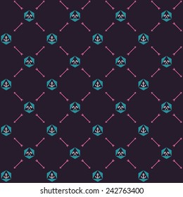 Vector seamless hipster retro pattern, with anchor, hipster triangle, crossed axes, arrows. For wallpaper, pattern fills, web page background, blog. Stylish texture.Vintage colors.