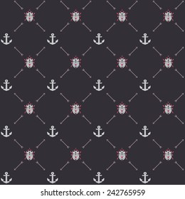 Vector seamless hipster retro pattern, with anchor, hipster triangle, arrows. For wallpaper, pattern fills, web page background, blog. Stylish texture.Vintage colors.