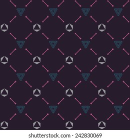 Vector seamless hipster retro pattern, with diamonds, hipster triangle, arrows. For wallpaper, pattern fills, web page background, blog. Stylish texture. Vintage colors.