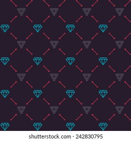 Vector seamless hipster retro pattern, with diamonds, hipster triangle, arrows. For wallpaper, pattern fills, web page background, blog. Stylish texture. Vintage colors.