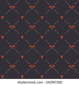 Vector seamless hipster retro pattern, with bull skull, crossed axes, arrows. For wallpaper, pattern fills, web page background, blog. Stylish texture. Vintage colors. Flat design.