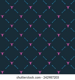 Vector seamless hipster retro pattern, with bull skull, arrows. For wallpaper, pattern fills, web page background, blog. Stylish texture. Vintage colors. Flat design.