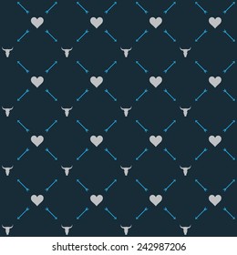 Vector seamless hipster retro pattern, with bull skull, hearts, arrows. For wallpaper, pattern fills, web page background, blog. Stylish texture. Vintage colors. Flat design.