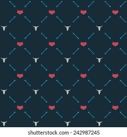 Vector seamless hipster retro pattern, with bull skull, cats, arrows. For wallpaper, pattern fills, web page background, blog. Stylish texture. Vintage colors. Flat design.