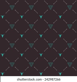 Vector seamless hipster retro pattern, with bull skull, Penrose triangle, arrows. For wallpaper, pattern fills, web page background, blog. Stylish texture. Vintage colors. Flat design.