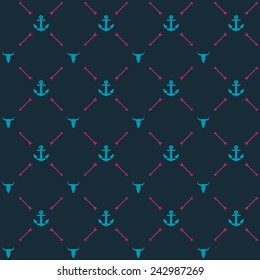 Vector seamless hipster retro pattern, with bull skull, anchors, arrows. For wallpaper, pattern fills, web page background, blog. Stylish texture. Vintage colors. Flat design.