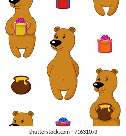 Vector seamless holiday background, teddy bear with gift box and honey pot