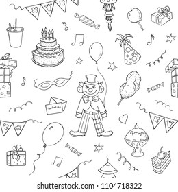 Vector seamless holiday pattern, birthday, sketch on white background