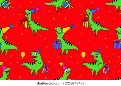 
vector seamless holiday pattern. Cheerful green dinosaurs are celebrating a birthday. Tyrannosaurus in a hat and gifts on a red background, festive confetti.