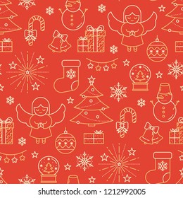 Vector seamless holiday pattern with christmas symbols in line style - presents, sock, angel, christmas tree, firework. Festive print