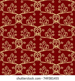 Vector seamless holiday pattern. Christmas background with golden abstract deer on red.