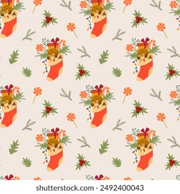 Vector seamless holiday pattern with fir brances, sweets and gifts. Funny sleeping cat in a stocking. Christmas festive repeat texture for textile or wrapping paper. Winter New Year wallpaper.