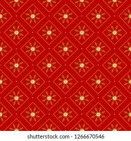 Vector seamless holiday pattern. Gold snowflakes on red background. Perfect for wrapping paper or fabric. Merry Christmas and Happy New Year.
