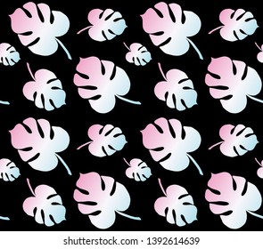 Vector seamless holographic pattern of monstera palm leaves isolated on black background 