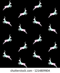 vector seamless holographic silhouette deer jumping pattern isolated on black