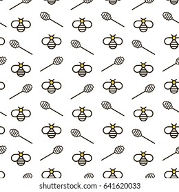 Vector seamless honey pattern. Background with bees and honey spoons. Can be used for print on clothes, honey package, banner, wrapping paper. EPS10.