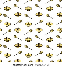 Vector seamless honey pattern in linear style. Background with bees and honey spoons. Can be used for print on clothes, honey package, banner, wrapping paper. EPS10.