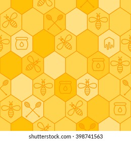 Vector seamless honey pattern. Outline bees, honeycombs, honey dipper symbol. Simple yellow background. Concept for honey package, label, wrapping. 