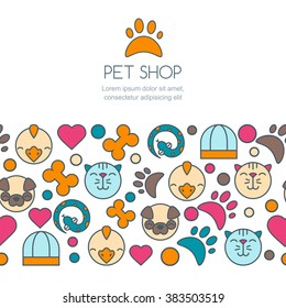 Vector Seamless Horizontal Background With Flat Icons Of Cat, Bird, Snake And Dog. Banner Or Flyer Design Template With Copyspace. Trendy Concept For Pet Shop, Pets Care And Grooming, Veterinary. 