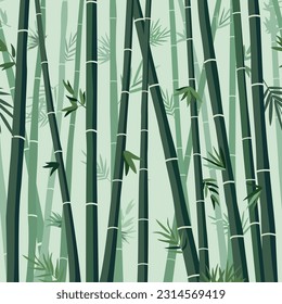 Vector seamless horizontal background with green bamboo stems and leaves. Bamboo trees wall