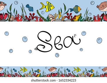 Vector seamless horizontal border, color doodles with sea inhabitants and algae.