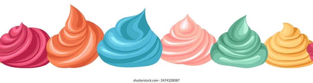 Vector seamless horizontal border with colorful cartoon meringues and creams isolated from background. Frieze with sweet mousses of various flavor. Frame with tasty food for brushes and dividers