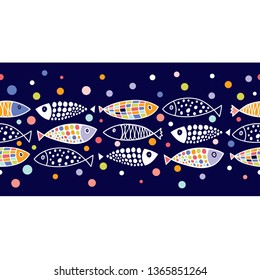 Vector seamless horizontal border with fish and polka dot.