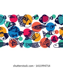 Vector seamless horizontal border with fish and polka dot.
