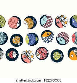 Vector seamless horizontal border with fish and polka dot.