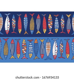 Vector seamless horizontal border with fish. Cute sardines.