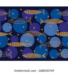 Vector seamless horizontal border with fish. Cute sardines.