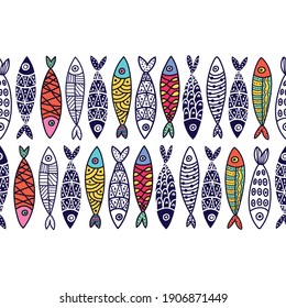 Vector seamless horizontal border with fish. Cute sardines.