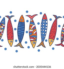Vector seamless horizontal border with fish. Cute sardines.