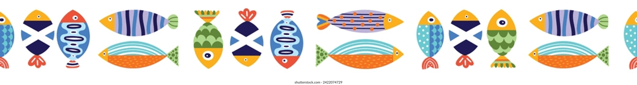 Vector seamless horizontal border with fish. Cute illustration.