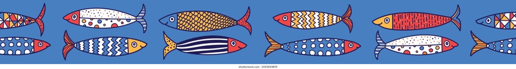 Vector seamless horizontal border with fish. Cute illustration. Sardines.