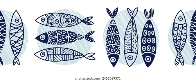 Borde Horizontal sin costuras de Vector con peces. Linda ilustración. Lunares. Sardinas.