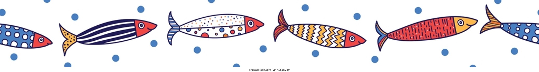 Vector seamless horizontal border with fish. Cute illustration. Sardines.