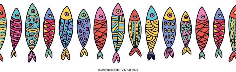 Vector seamless horizontal border with fish. Cute illustration. Sardines.