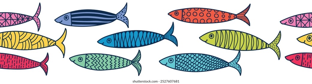 Vector seamless horizontal border with fish. Cute illustration. Polka dot. Sardines.