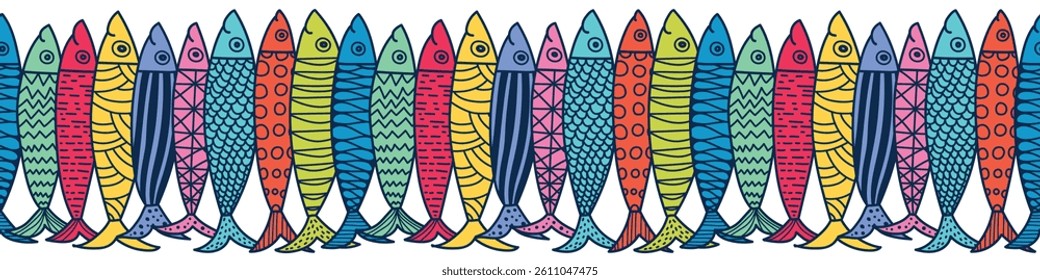 Vector seamless horizontal border with fish. Cute illustration. Sardines.