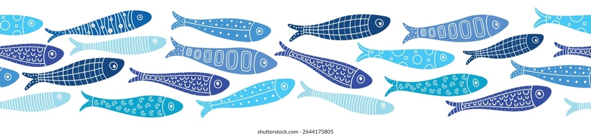 Vector seamless horizontal border with fish. Cute illustration. Sardines, salmon, tuna, tilapia.