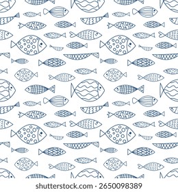 Vector seamless horizontal border with fish. Cute illustration. Sardines, salmon, tuna, flounder