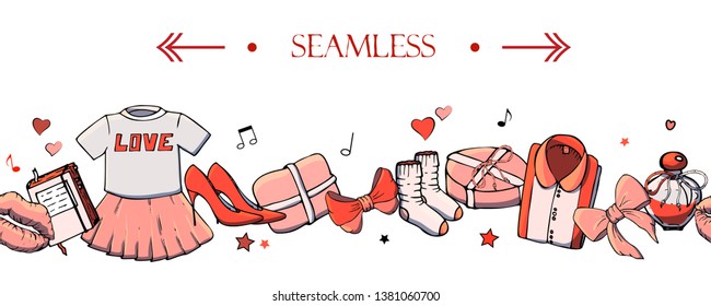 Vector seamless horizontal border with girls stuff. Fashion patterns with women's clothing, jewelry, cosmetics, gifts and romance. Actual vector drawing of cute things. Interests of a young girl.