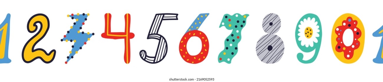 Vector seamless horizontal border with kids numbers.
Colorful illustration. From 0 to 9.
Can be used in textile industry, paper, background, scrapbooking.Vector.